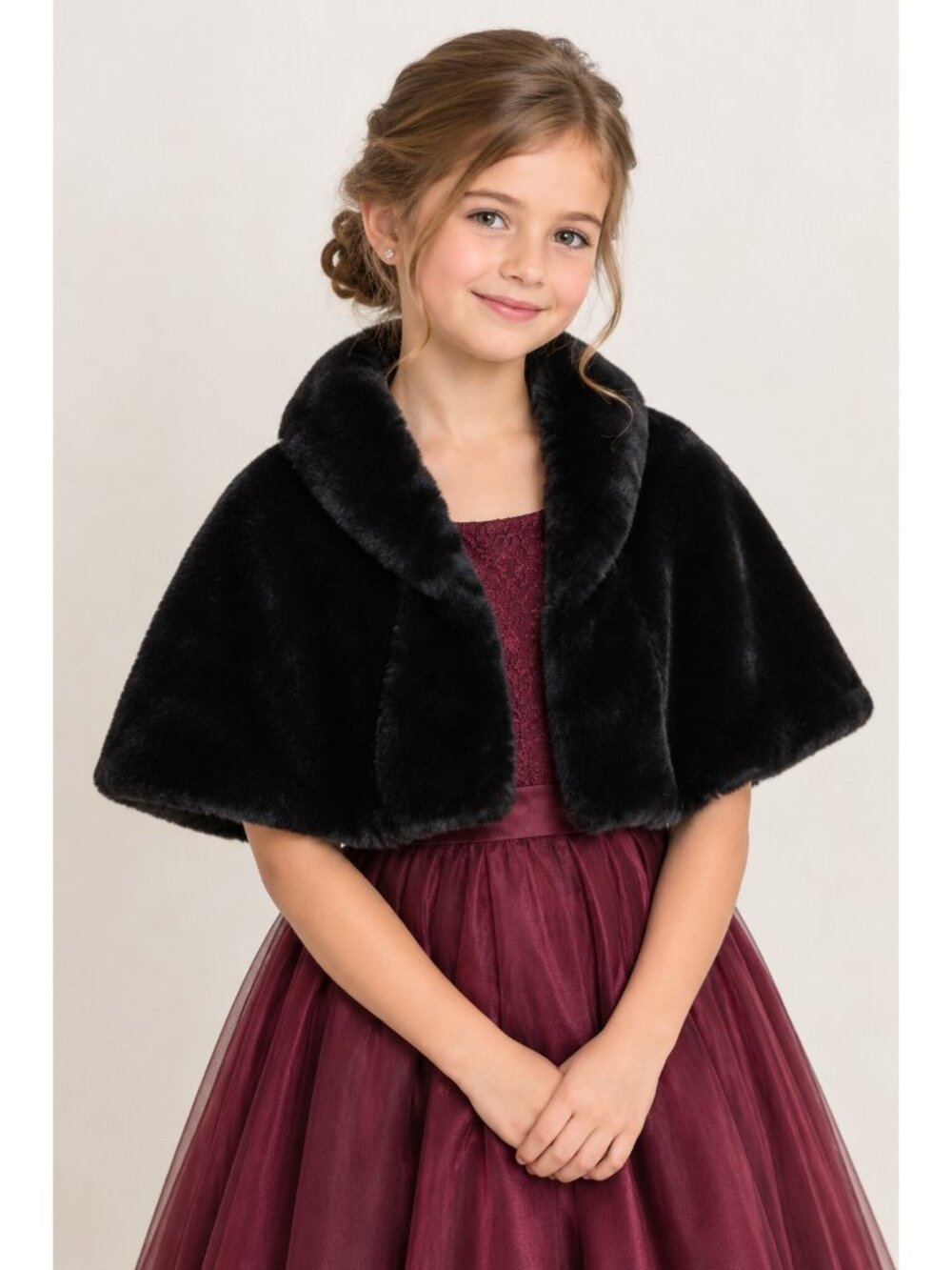 Vintage Kate Mack Girls Fur Capelet Shawl Size XL Black Formal Satin Lined